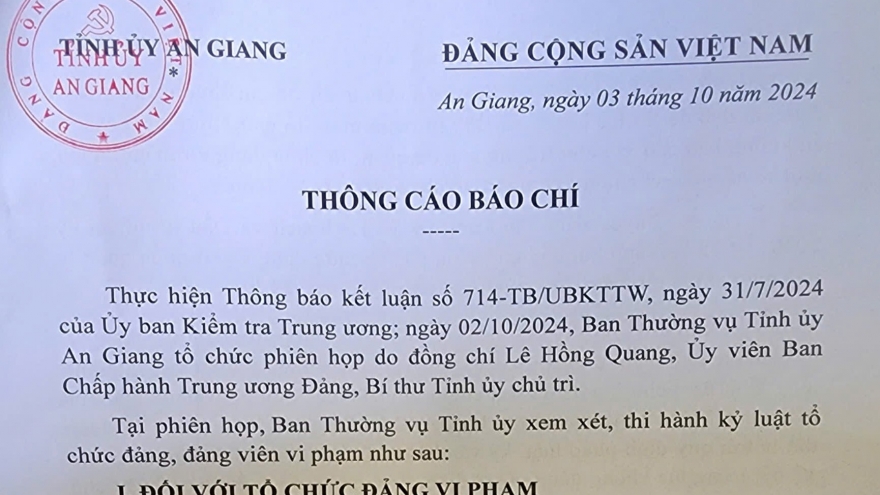 An Giang thi hành kỷ luật nhiều tổ chức đảng và đảng viên vi phạm